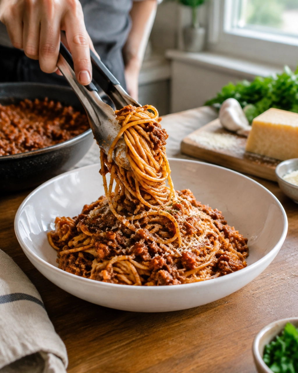Hands twirling spaghetti Bolognese into a warm serving bowl