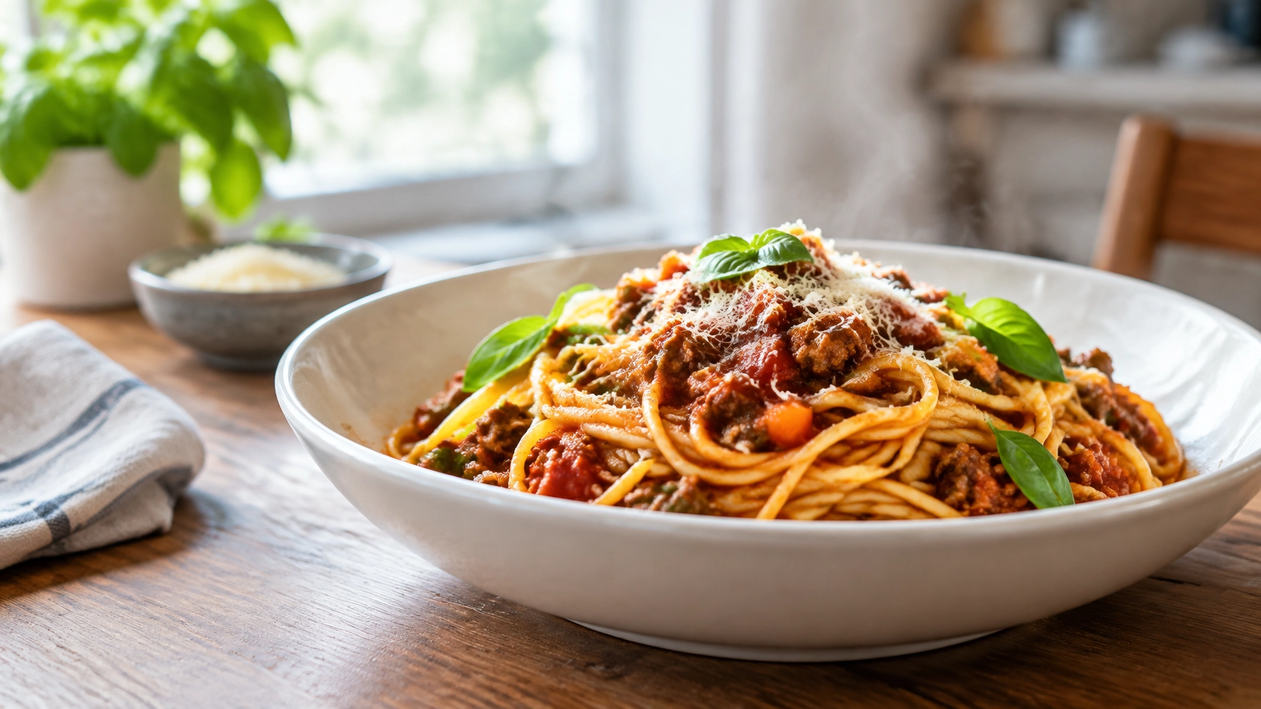 A bowl of homemade spaghetti Bolognese with rich meat sauce and Parmesan