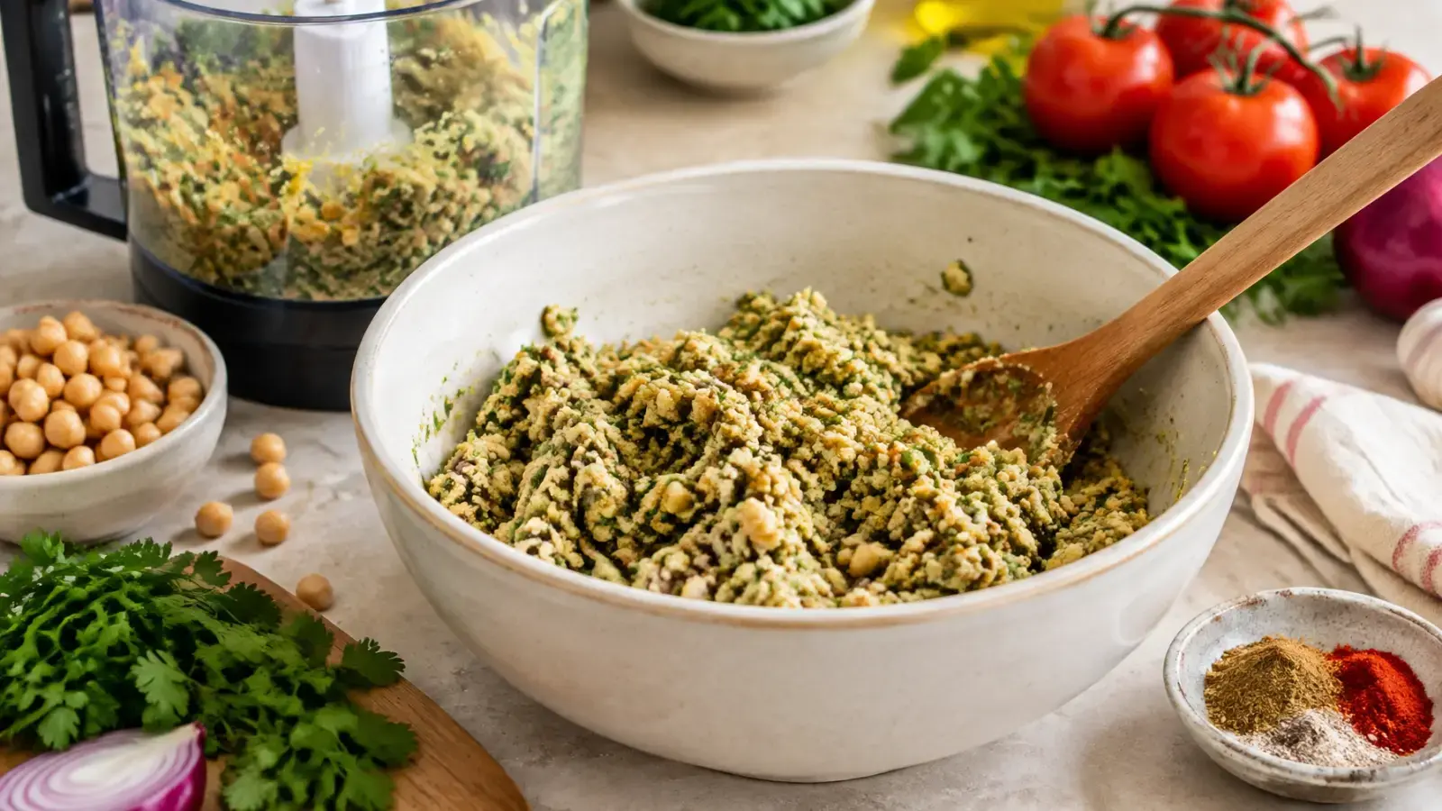Falafel mixture with chickpeas, fresh herbs, onion and spices in a ceramic bowl