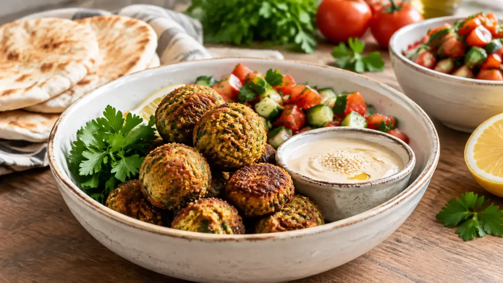 Golden air fryer falafel served with tahini, pita, tomato cucumber salad and lemon