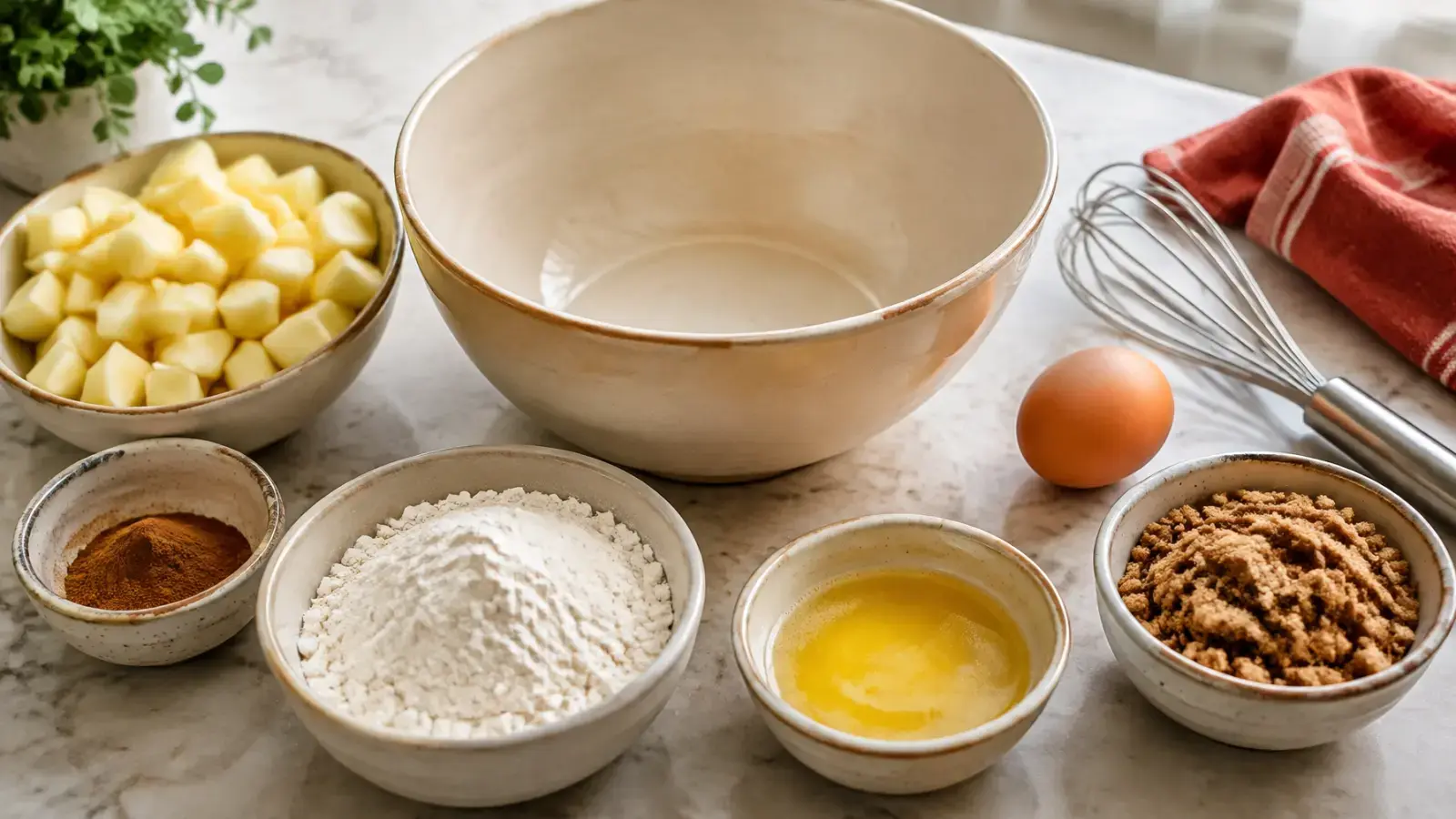 Apple, cinnamon, flour, butter, and sugar arranged for muffin preparation