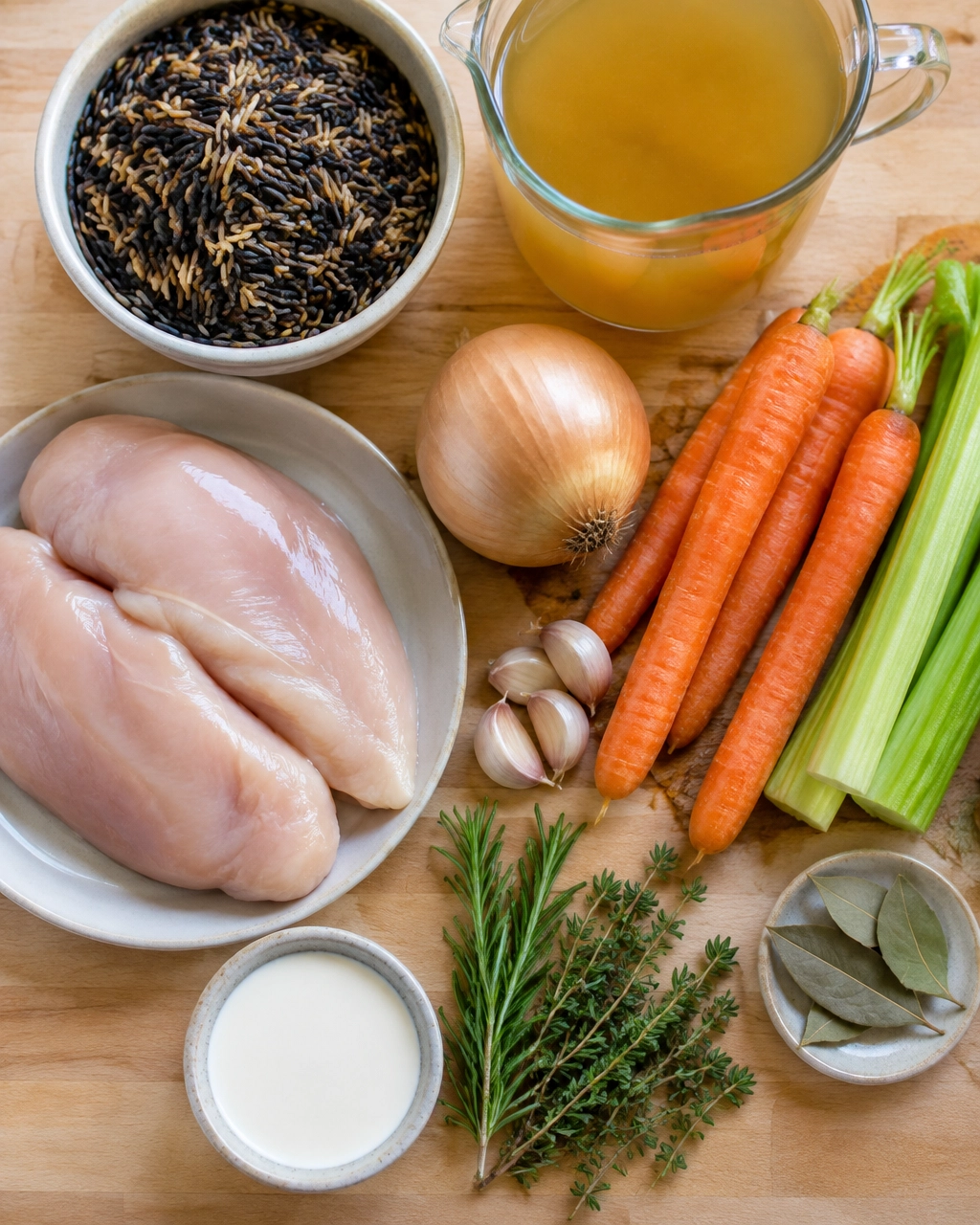 Ingredients for creamy chicken and wild rice soup arranged on a kitchen counter