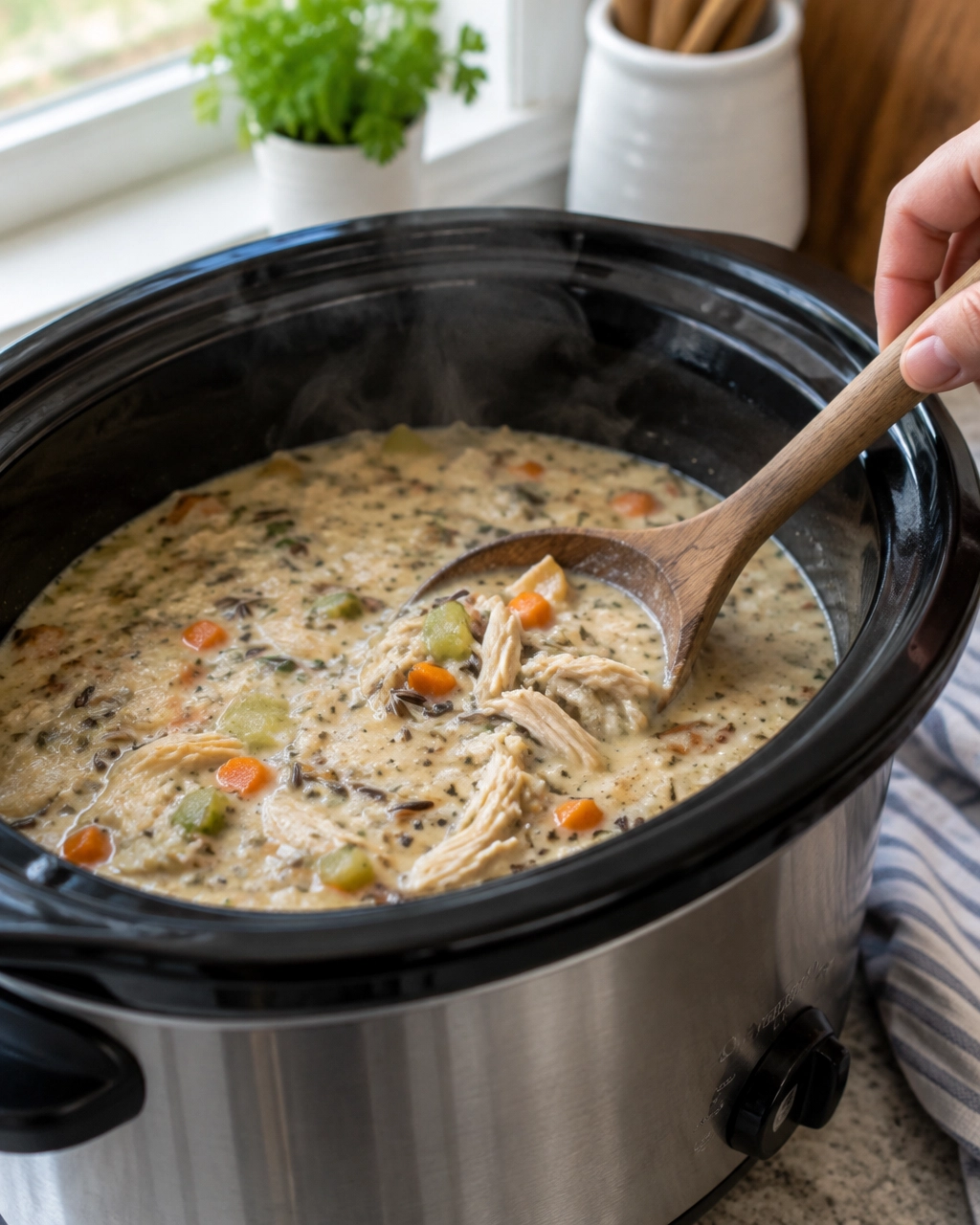 Slow cooker filled with creamy chicken and wild rice soup being stirred in a real kitchen