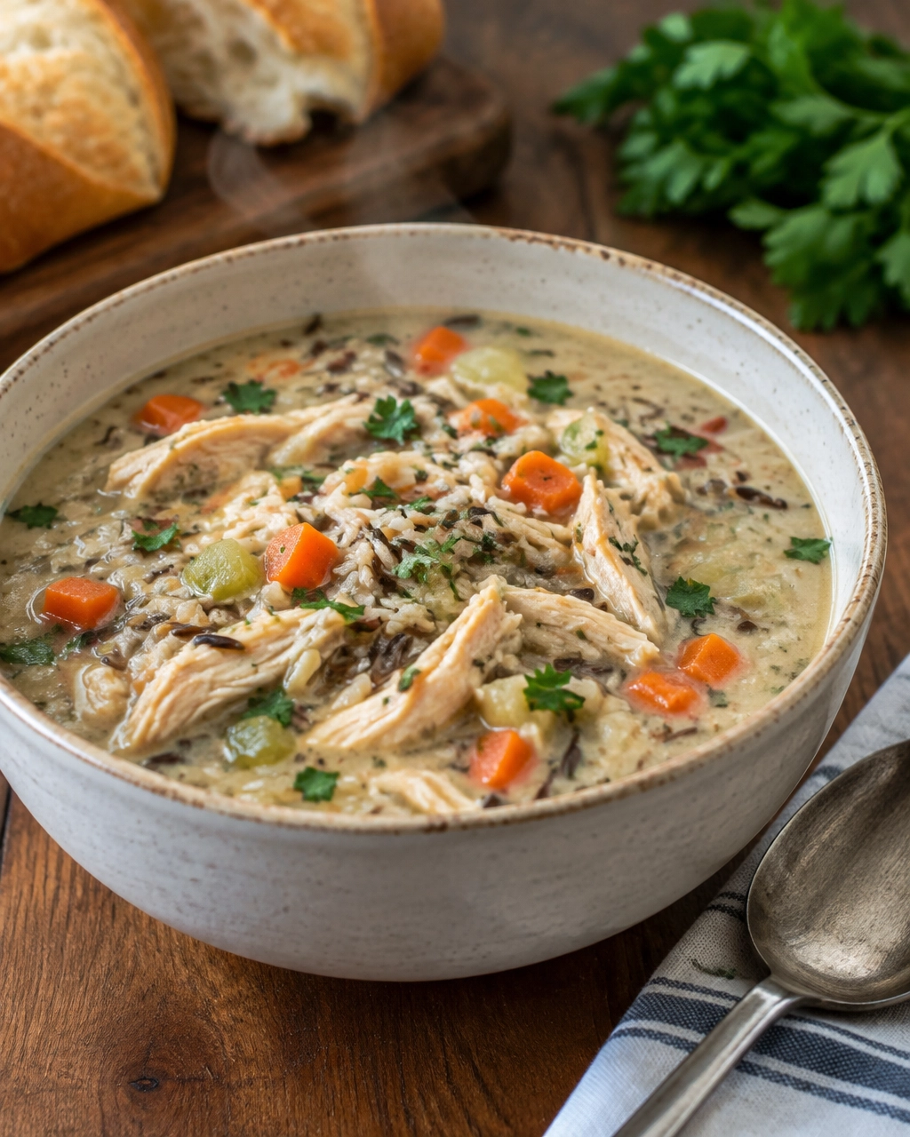 Finished bowl of creamy chicken and wild rice soup with visible vegetables and herbs