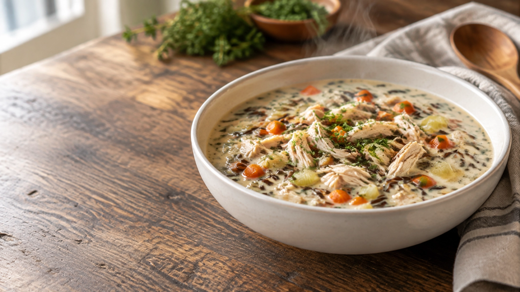 Bowl of creamy chicken and wild rice soup with carrots, celery and herbs on a kitchen table