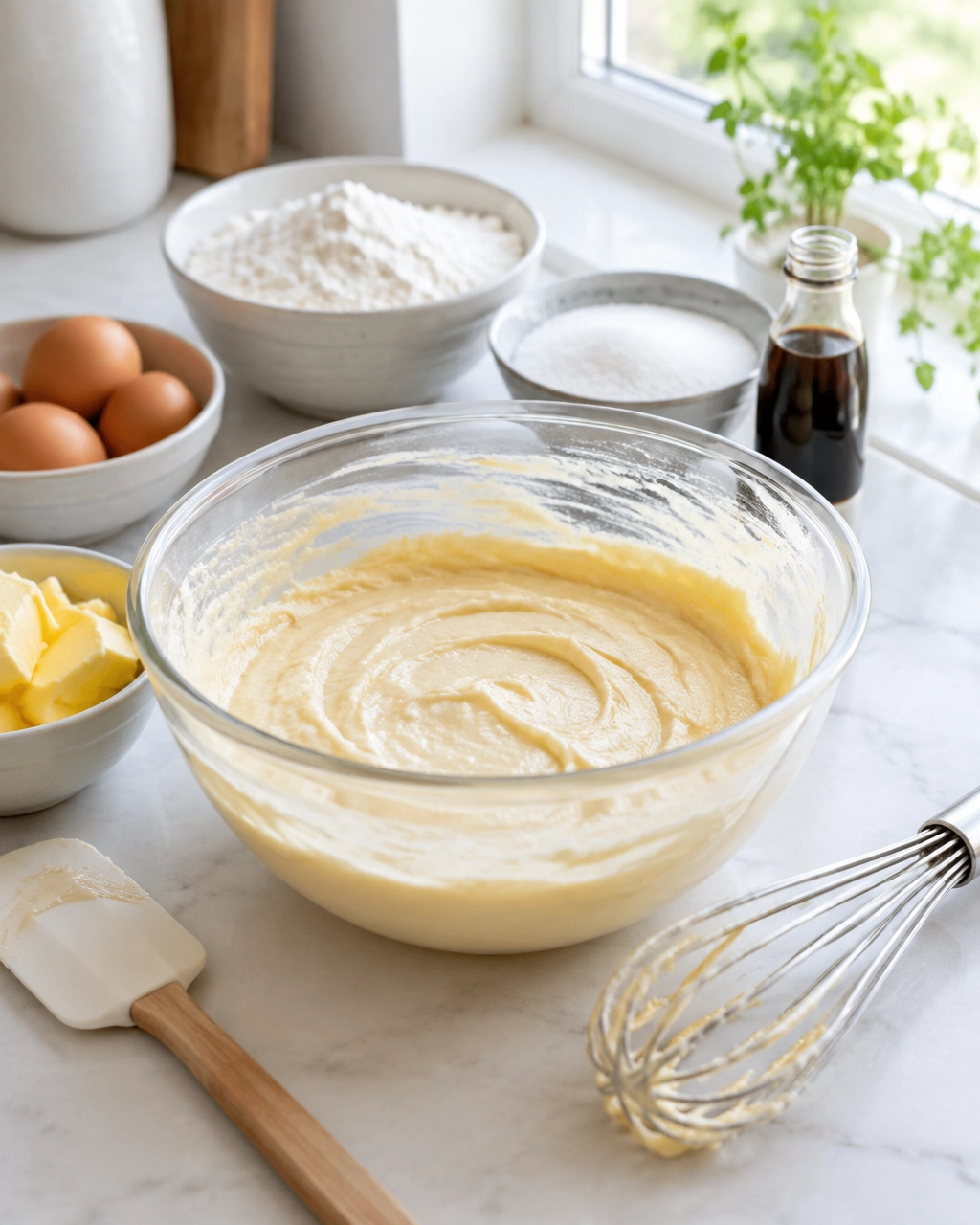 Vanilla cupcake ingredients and batter in a real kitchen mixing bowl