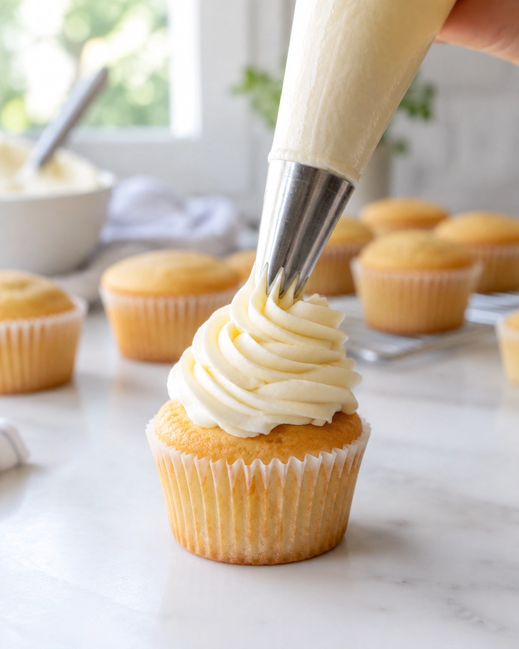 Vanilla buttercream being piped onto a cooled cupcake