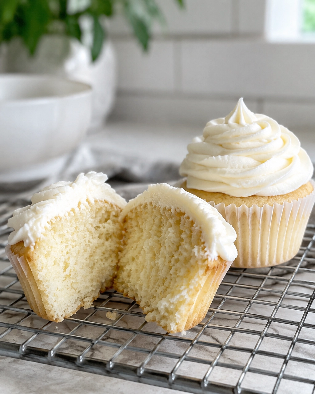 Vanilla cupcake cut open to show its soft, fine crumb beside a frosted cupcake