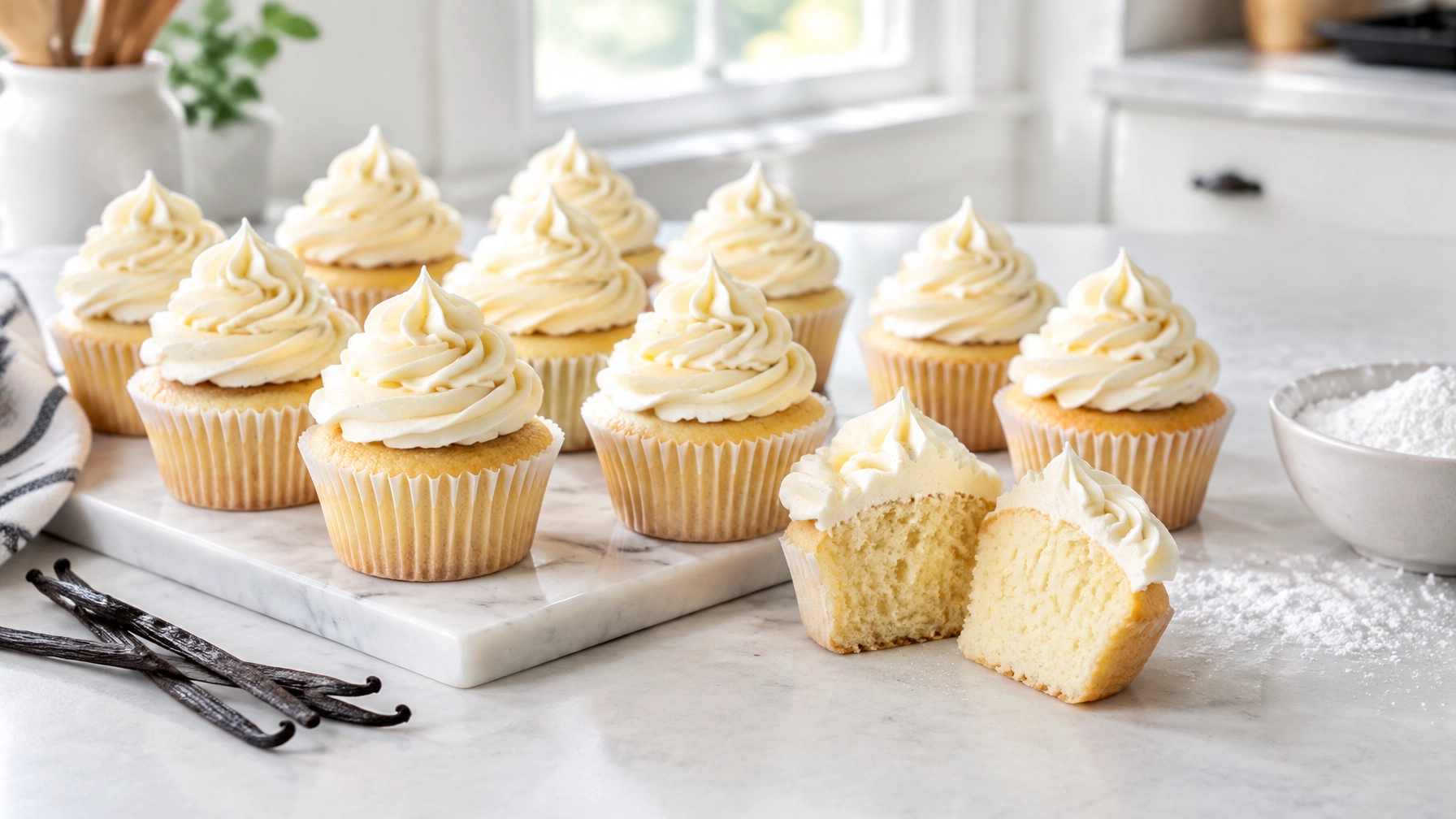 Fluffy vanilla cupcakes topped with pale vanilla buttercream in a bright kitchen