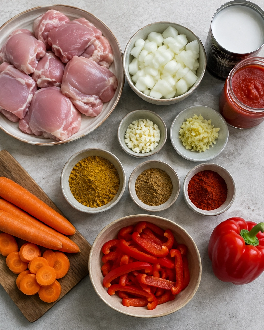 Chicken curry ingredients arranged on a kitchen worktop