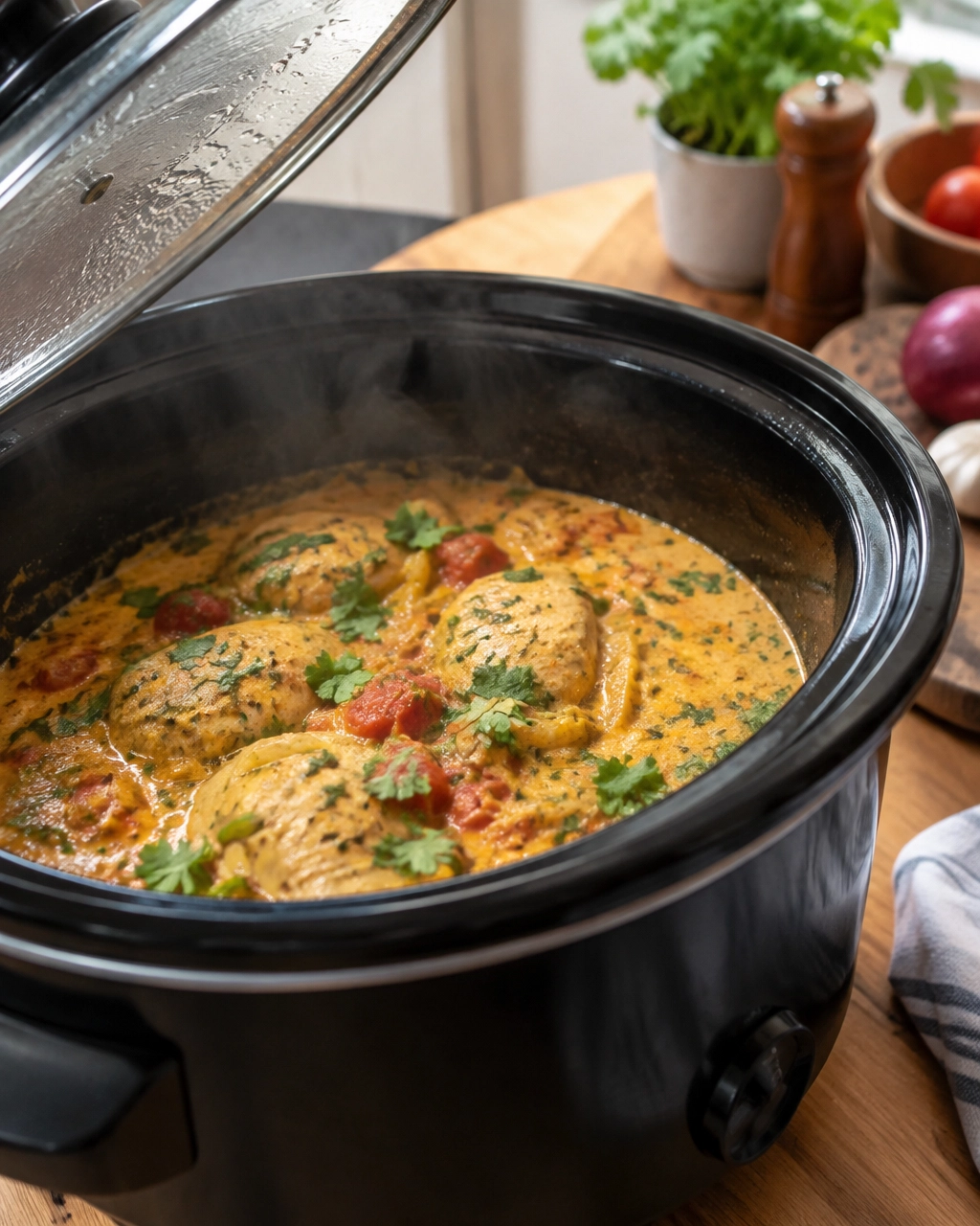 Slow cooker opened to show chicken curry cooking in the sauce