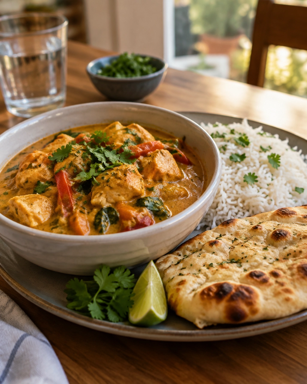 Finished chicken curry served with basmati rice, naan and fresh herbs
