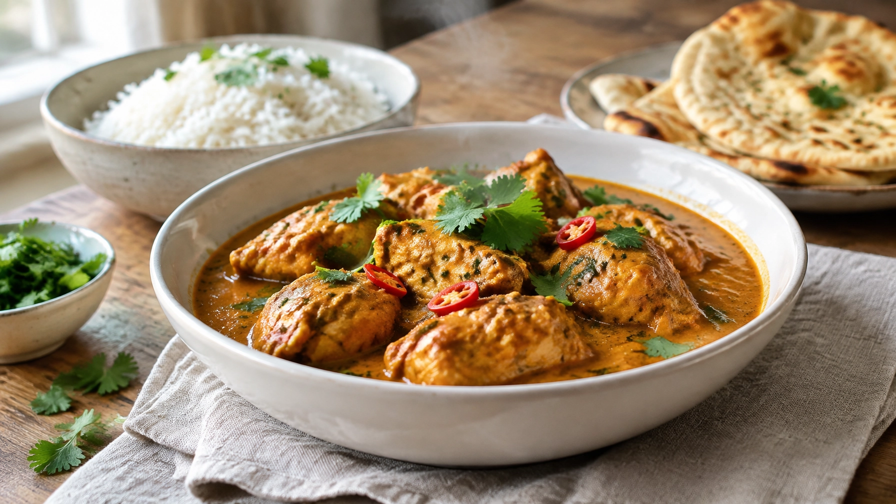 Slow cooker chicken curry served with basmati rice and naan