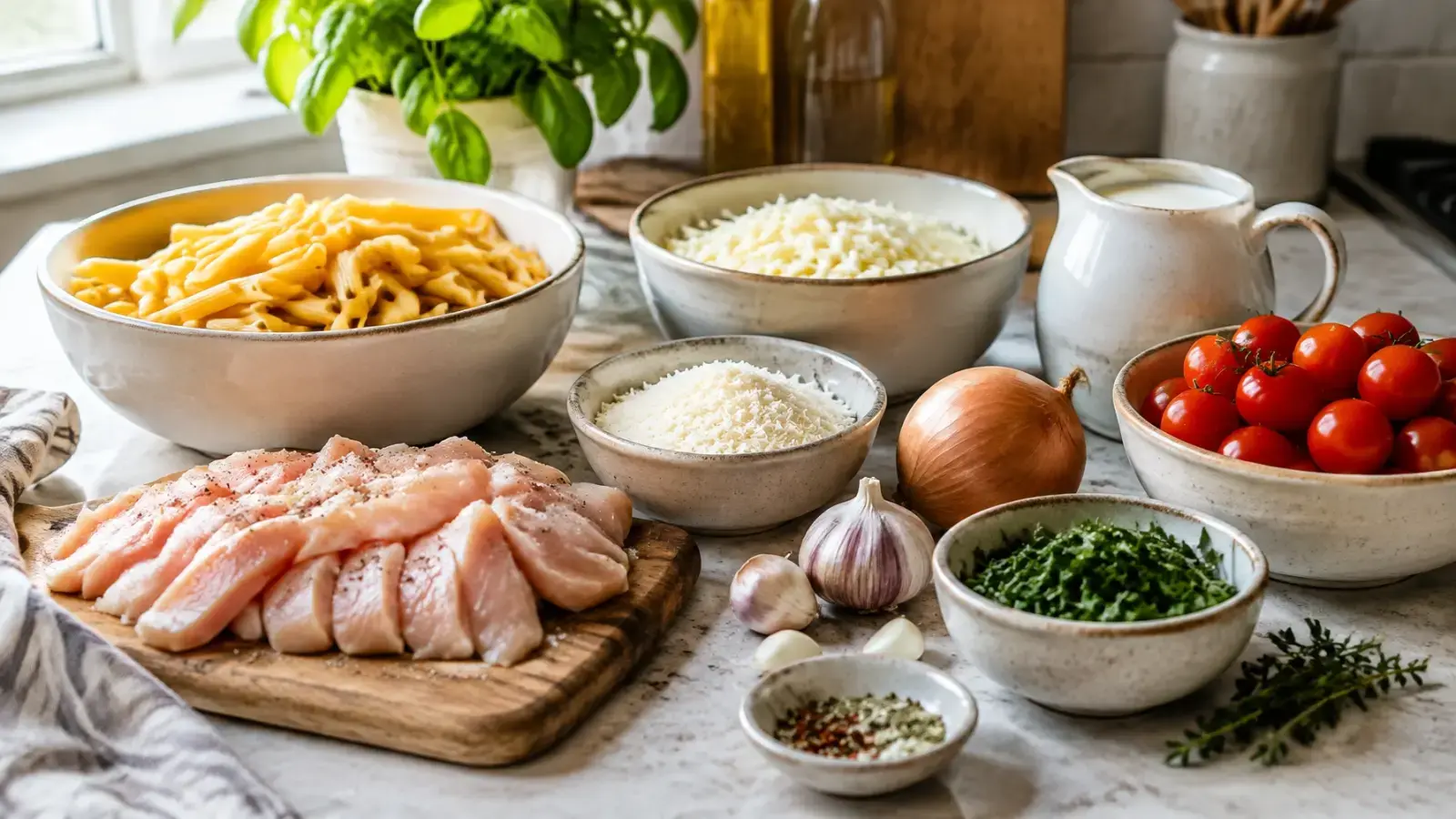 Pasta, chicken, cream, tomatoes and cheese arranged on a kitchen counter