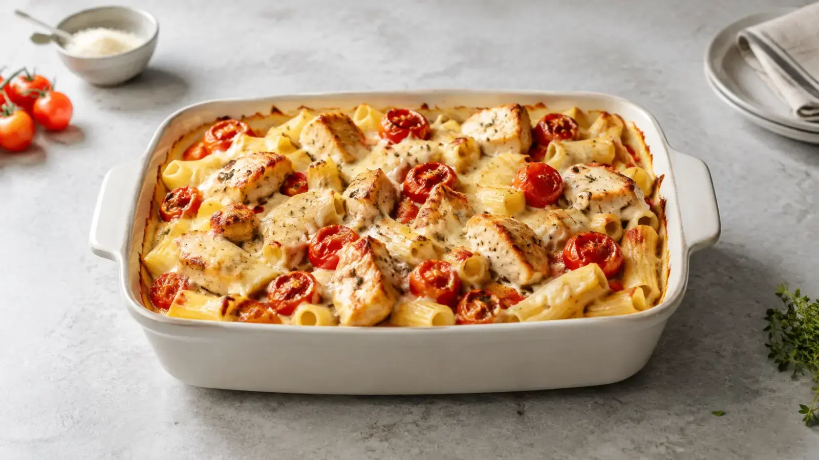 Creamy chicken pasta bake with golden cheese, tender chicken and tomato sauce