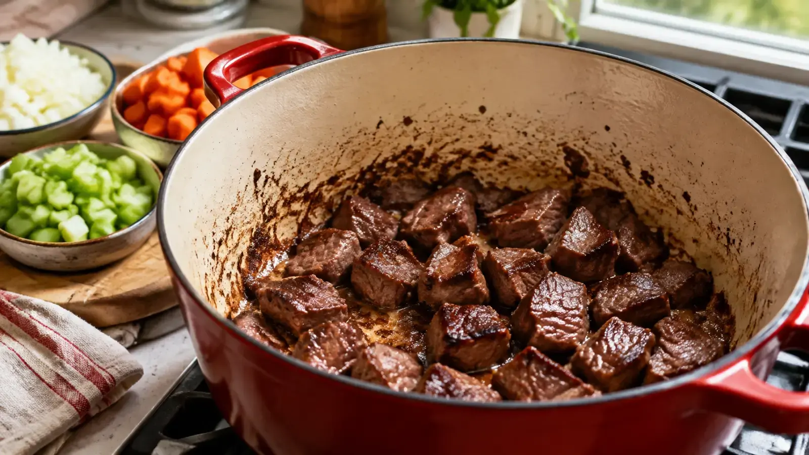 Beef browning in a heavy pot with prepared vegetables nearby