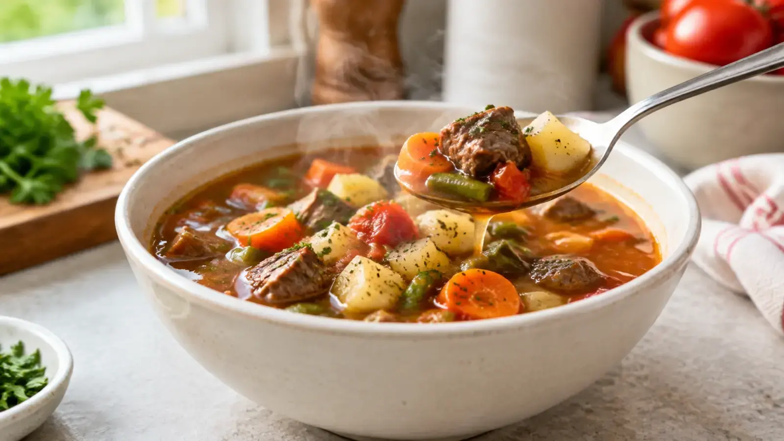 Spoon lifting tender beef and vegetables from homemade soup