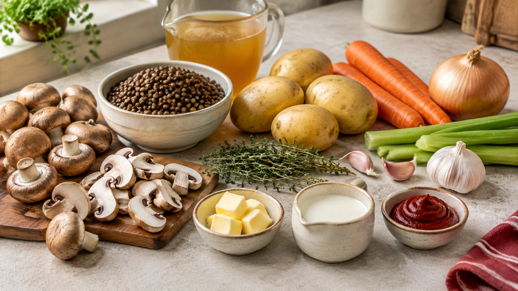 Mushrooms, potatoes, lentils and vegetables arranged for cottage pie preparation