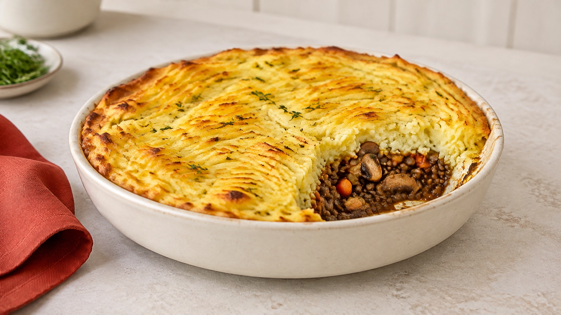 Golden mashed potato topping over mushroom and lentil cottage pie, served in a cream ceramic dish