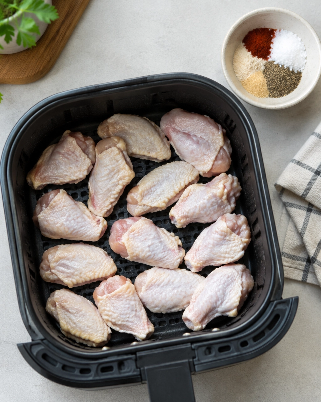 Raw chicken wings arranged in an air fryer basket with seasoning ingredients