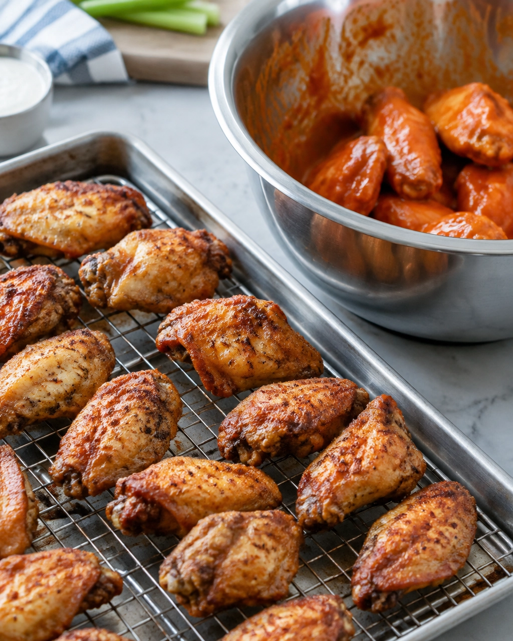 Freshly air-fried chicken wings being coated with glossy Buffalo sauce