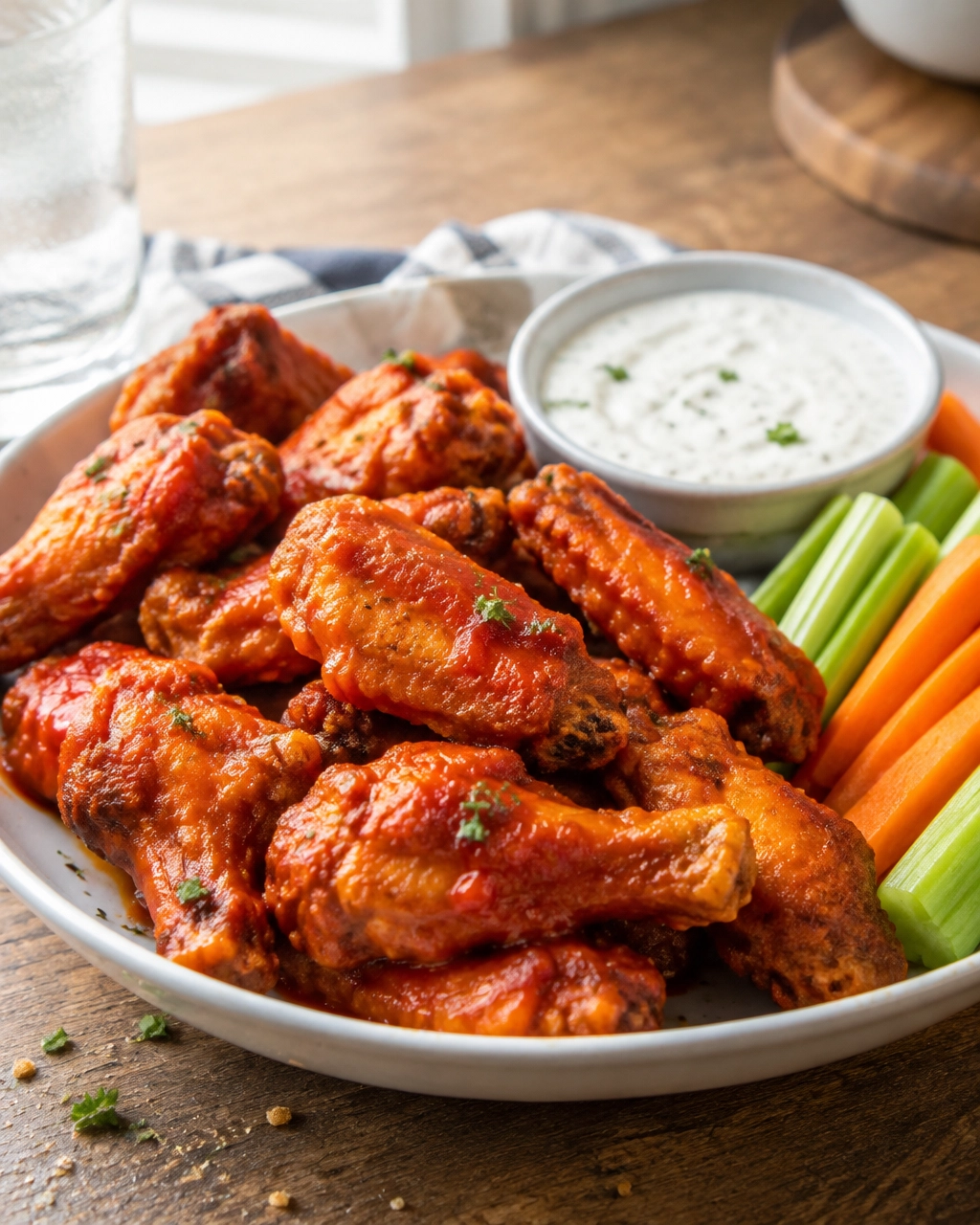 Saucy Buffalo air fryer chicken wings served with ranch dip, celery and carrots