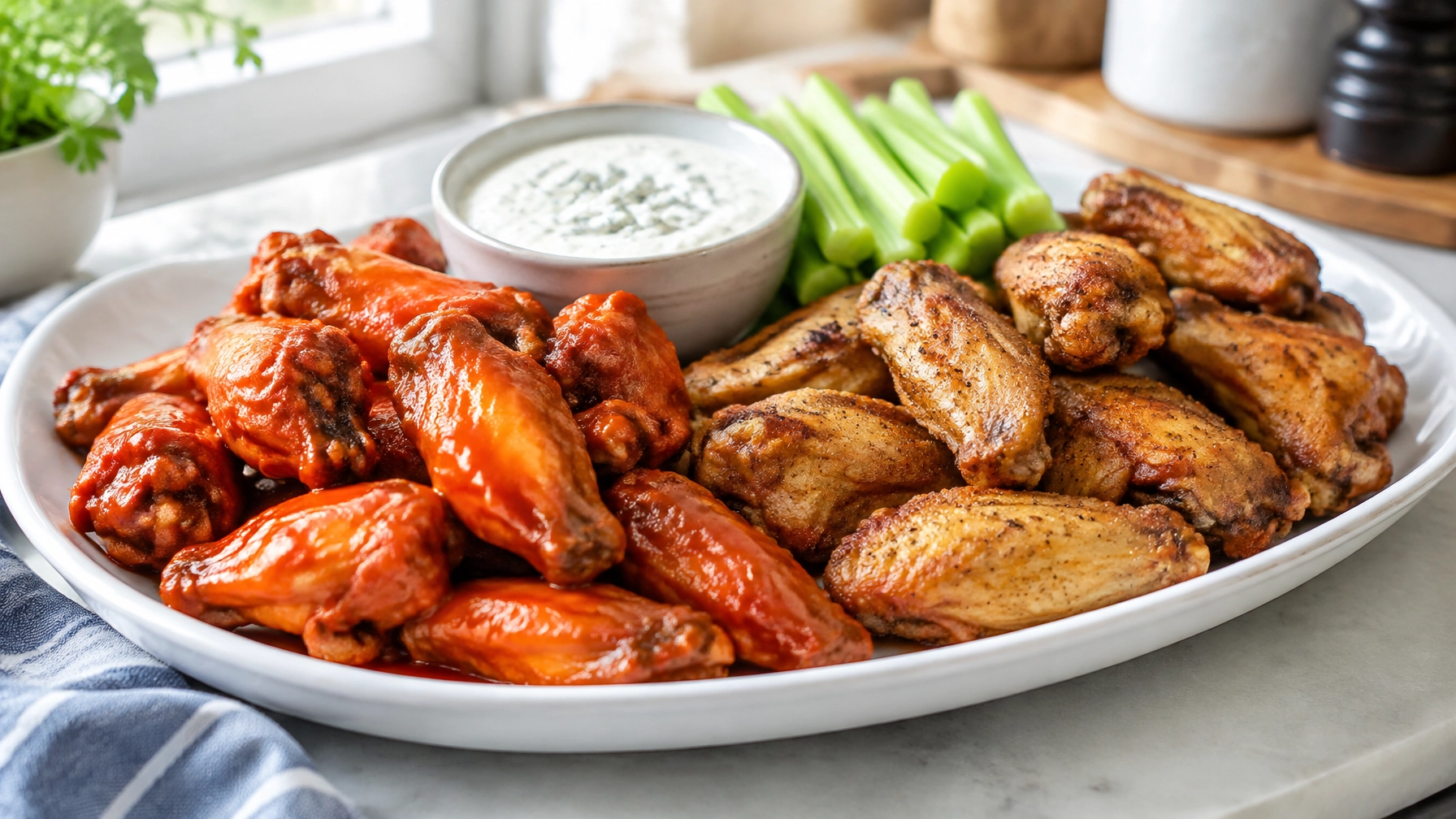 Crispy air fryer chicken wings with Buffalo sauce, dip and celery