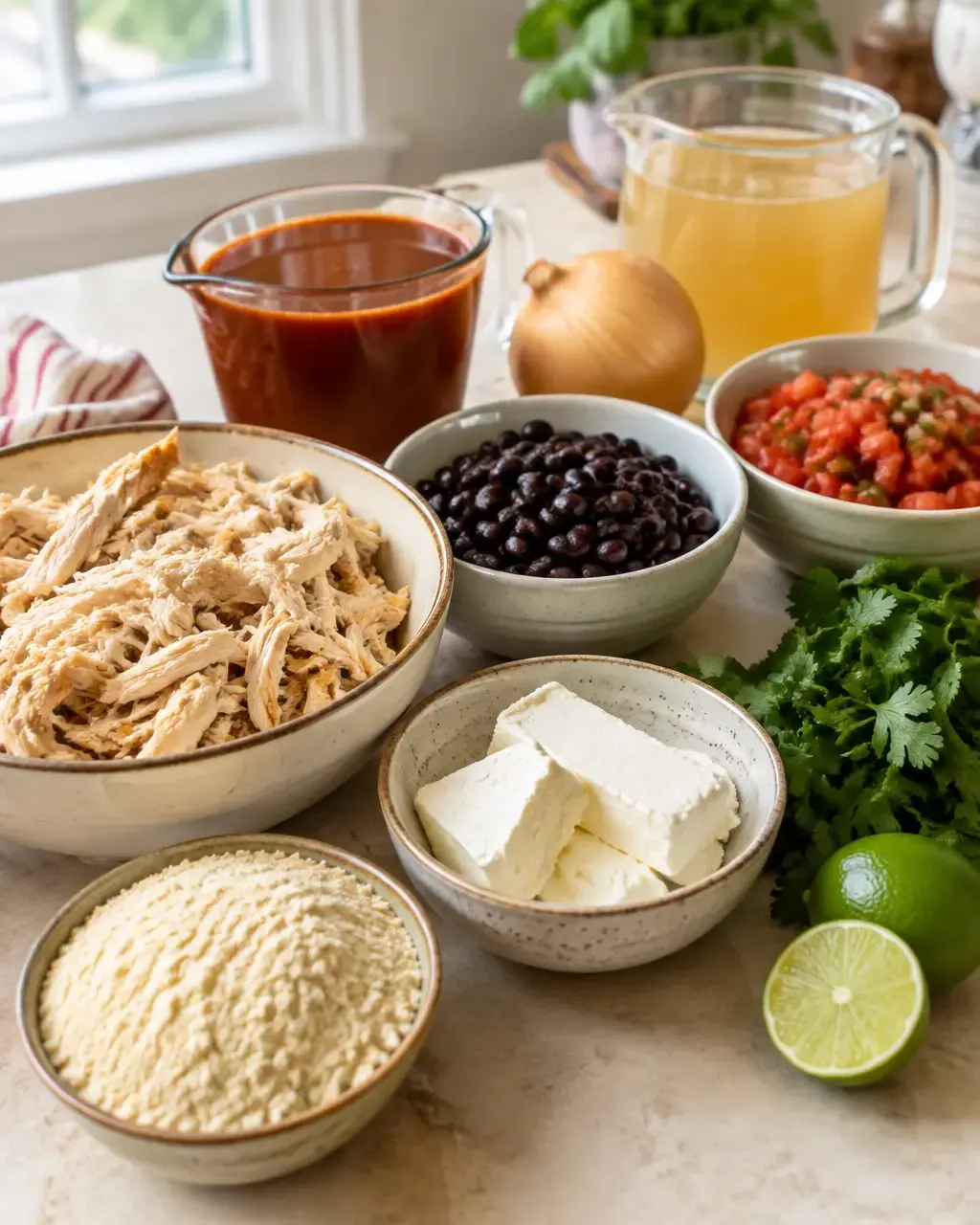Ingredients for chicken enchilada soup arranged on a cream kitchen surface