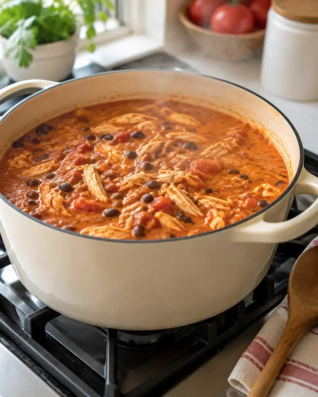 Creamy chicken enchilada soup simmering in a cream enamel pot