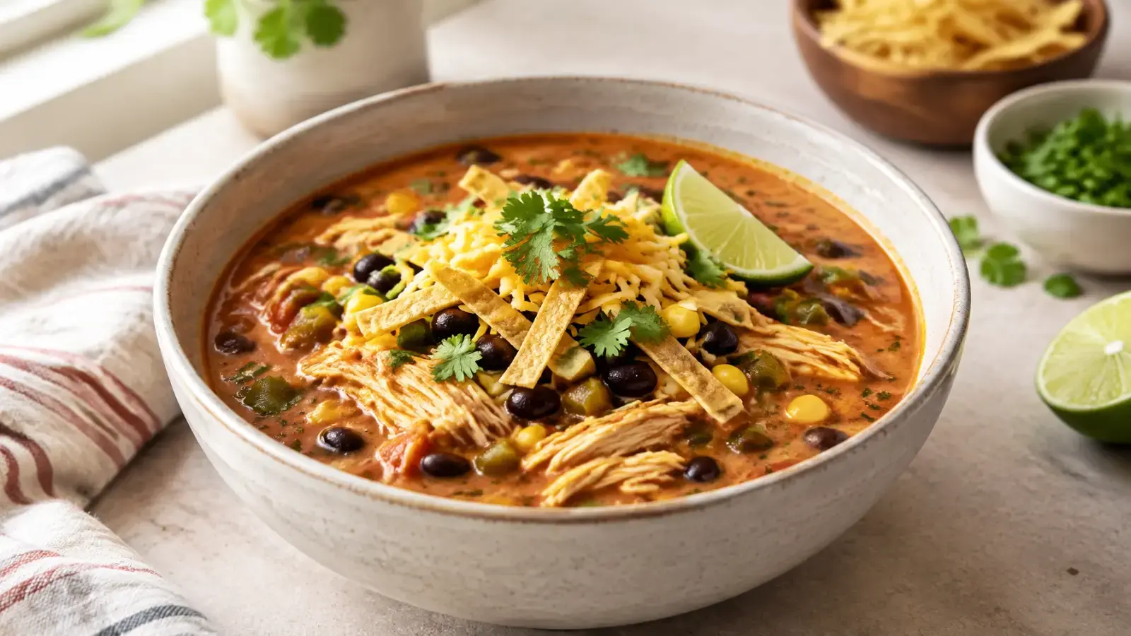 Creamy chicken enchilada soup in a stoneware bowl with tortilla strips, cheese, cilantro, and lime
