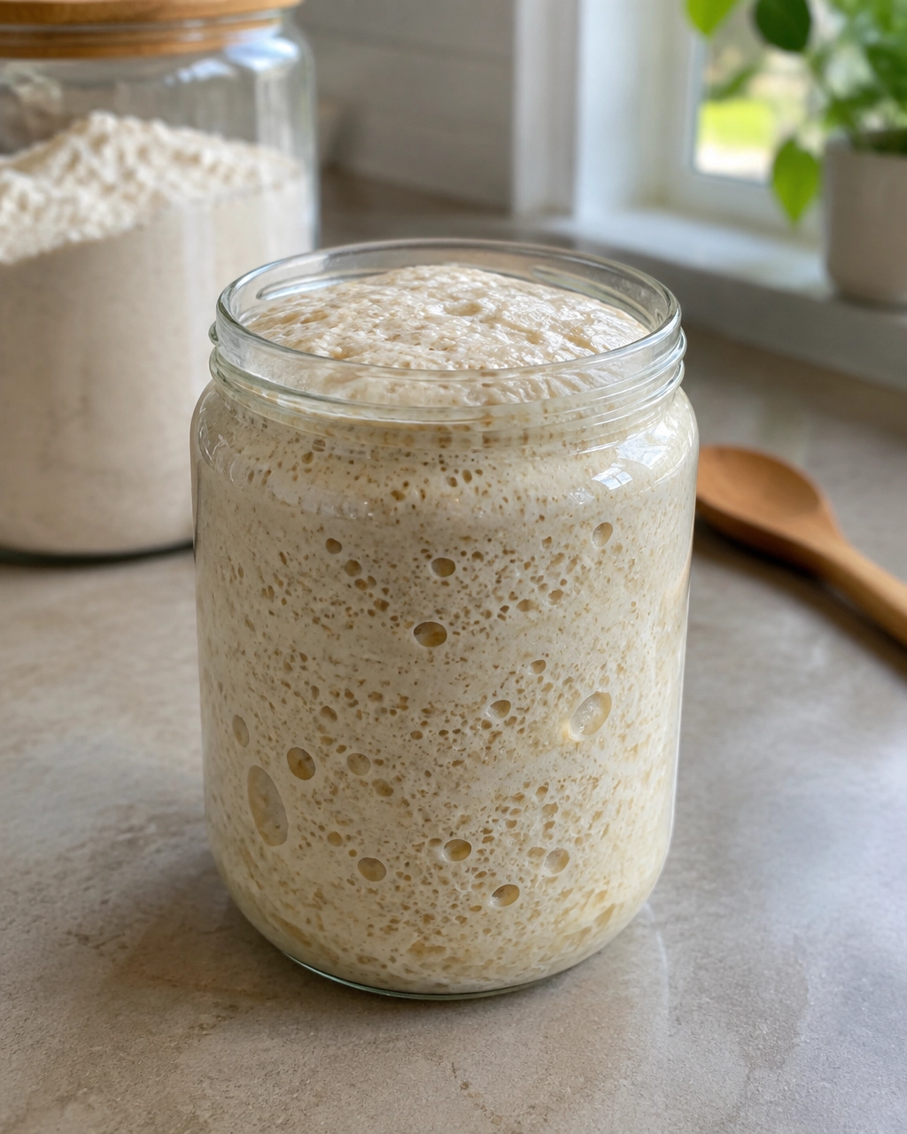 Bubbly active sourdough starter in a glass jar