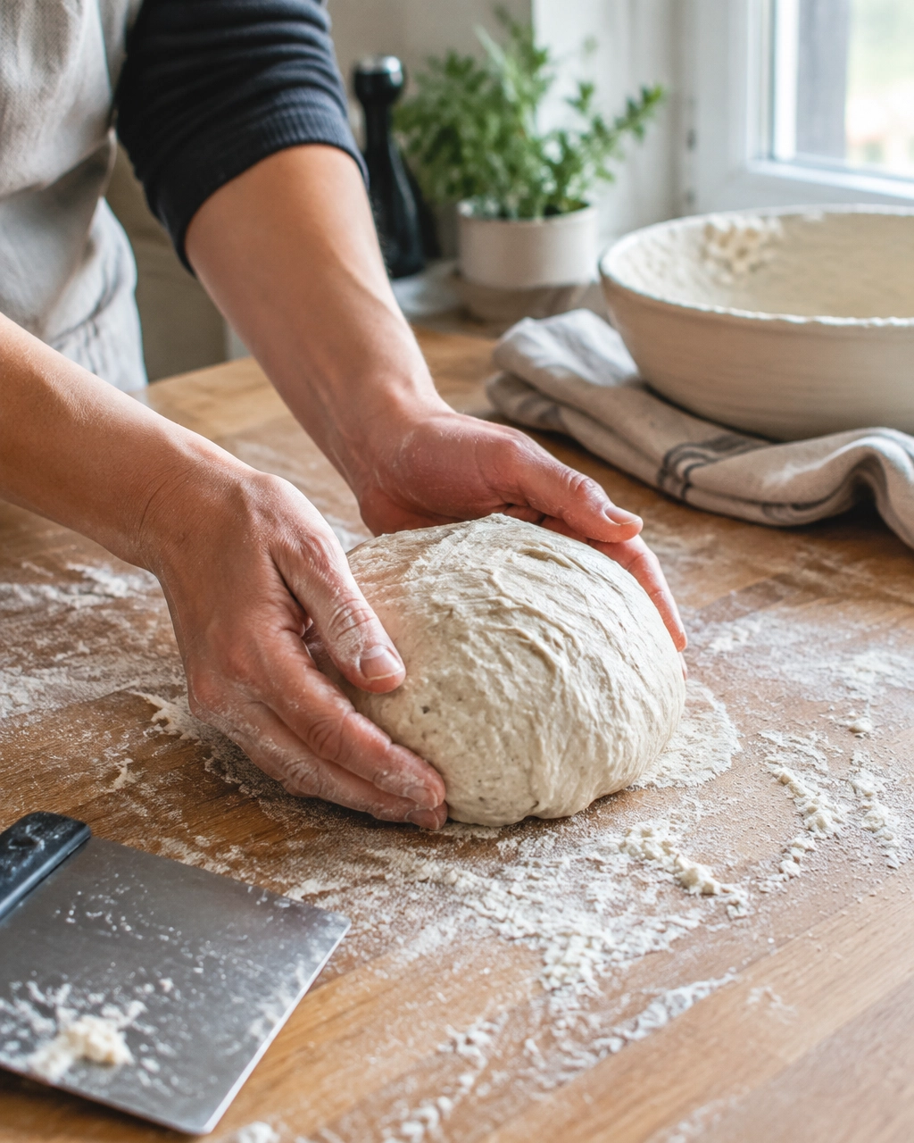 Hands shaping sourdough dough on a floured kitchen counter
