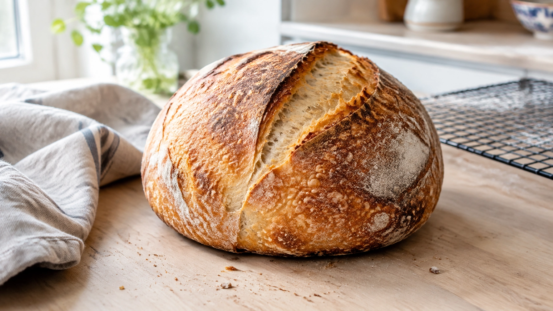 Golden homemade sourdough boule on a wooden kitchen counter