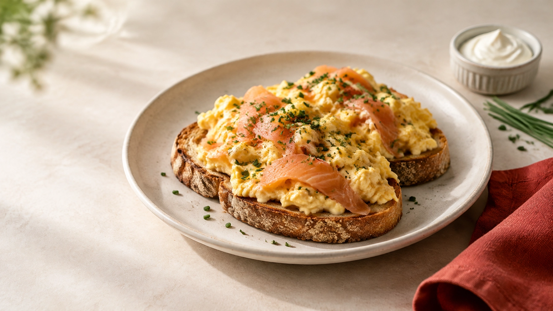 Creamy scrambled eggs with smoked salmon and fresh chives on sourdough toast