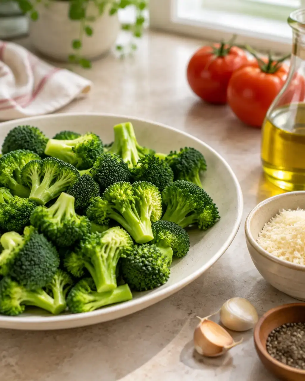 Fresh broccoli, Parmesan, garlic and seasonings prepared for air frying