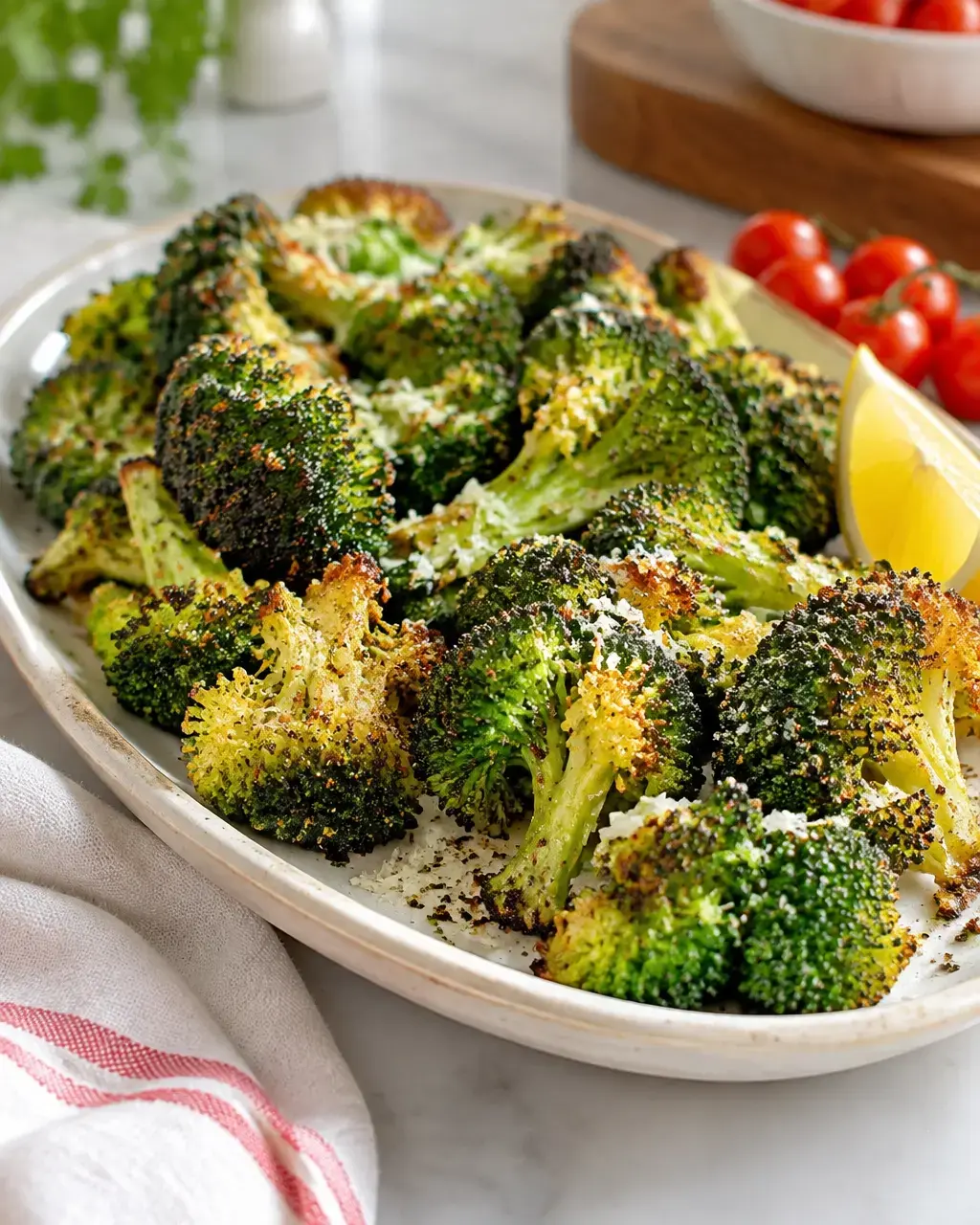 Crispy garlic Parmesan broccoli on a cream stoneware platter with lemon