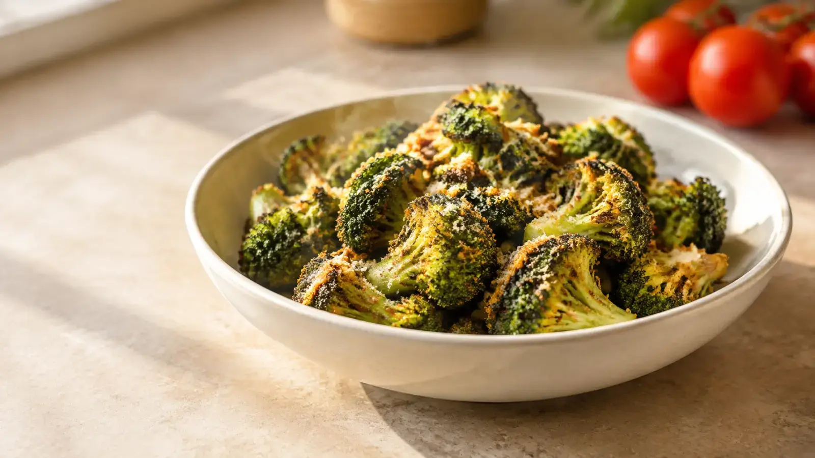 Crispy garlic Parmesan air fryer broccoli served in a cream ceramic bowl