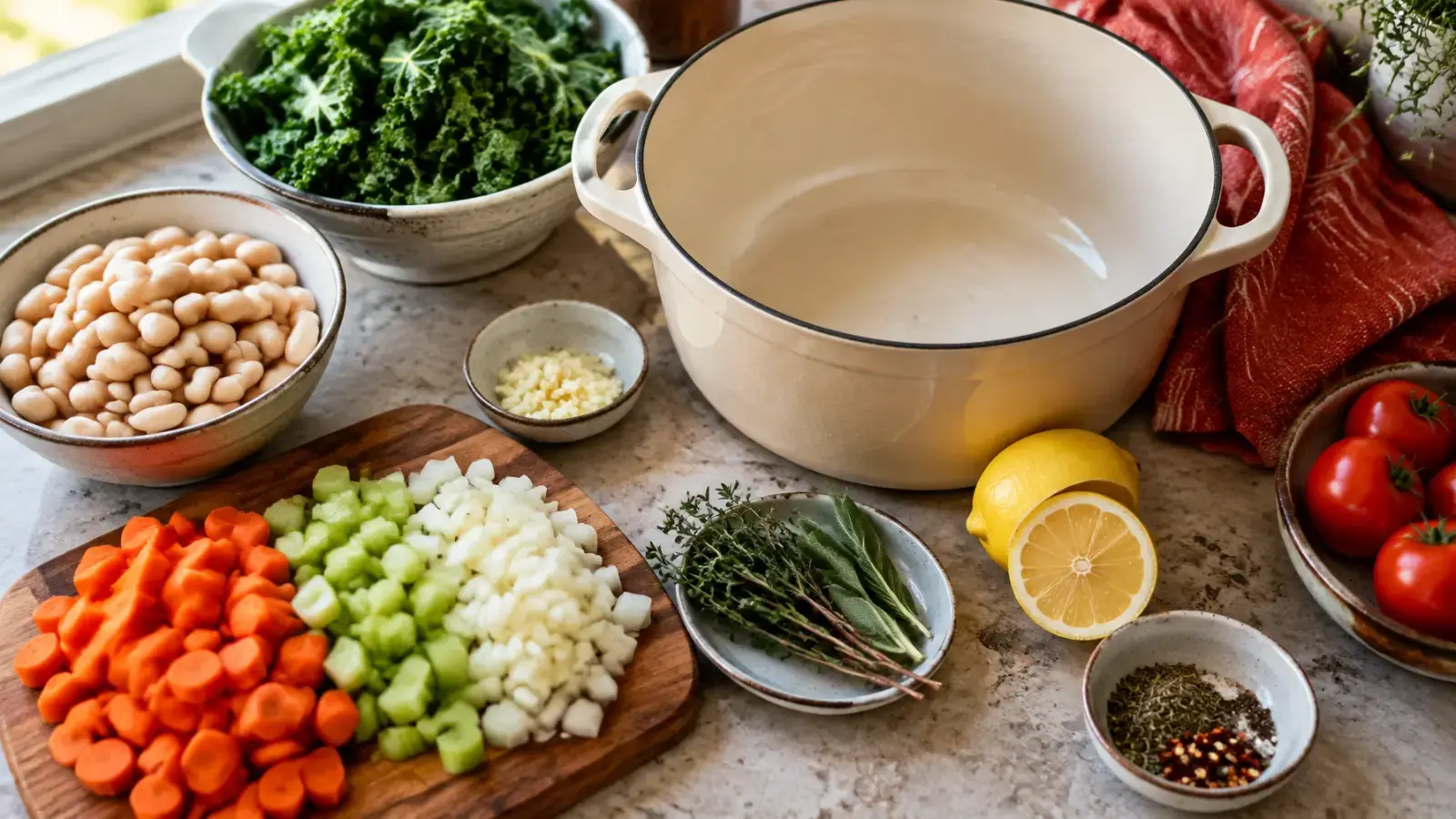 Cannellini beans, chopped kale, vegetables, herbs, and lemon prepared for soup