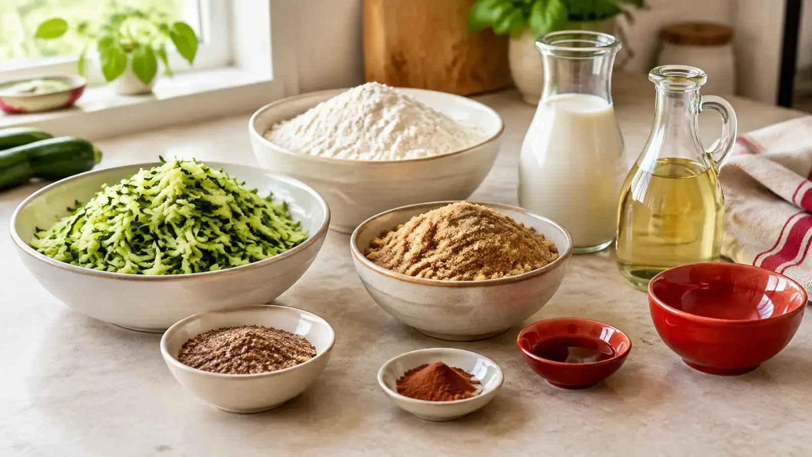 Zucchini bread ingredients arranged on a kitchen worktop