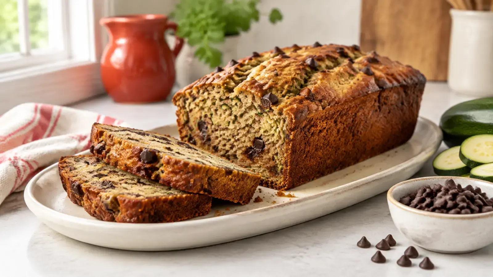Moist vegan zucchini bread loaf on a cream ceramic plate in a naturally lit kitchen