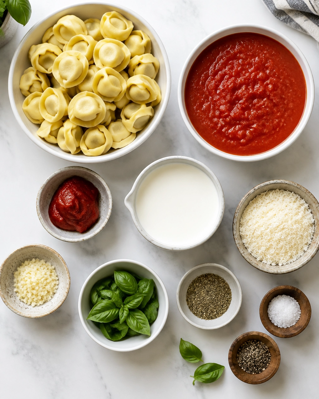 Measured ingredients for creamy tomato tortellini arranged on a white kitchen counter