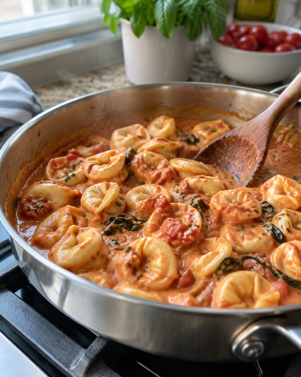 Creamy tomato tortellini simmering in a deep skillet with a wooden spoon