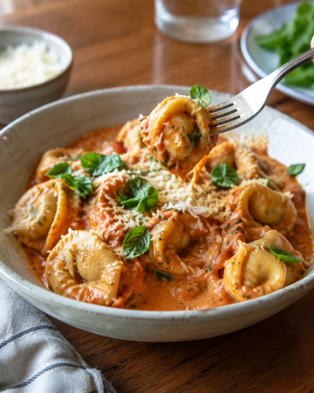 Fork lifting cheese tortellini from creamy tomato sauce with Parmesan and basil