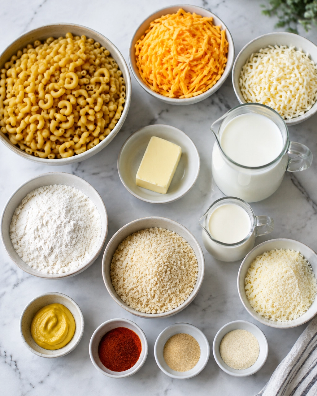 Mac and cheese ingredients arranged on a kitchen worktop