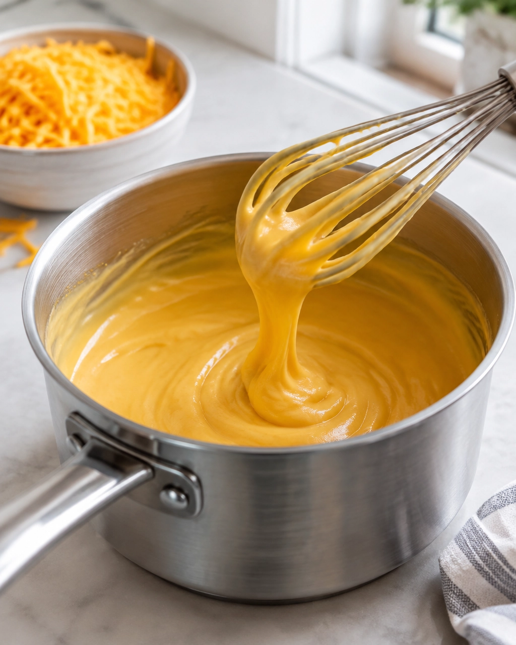 Smooth cheddar cheese sauce being whisked in a saucepan