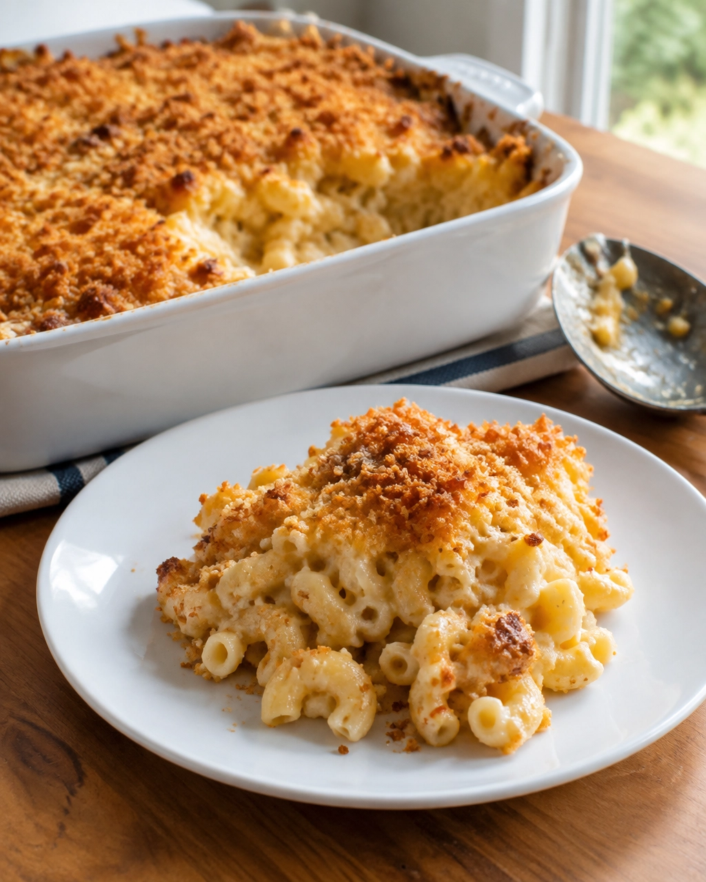 Creamy baked macaroni and cheese being served from a golden casserole