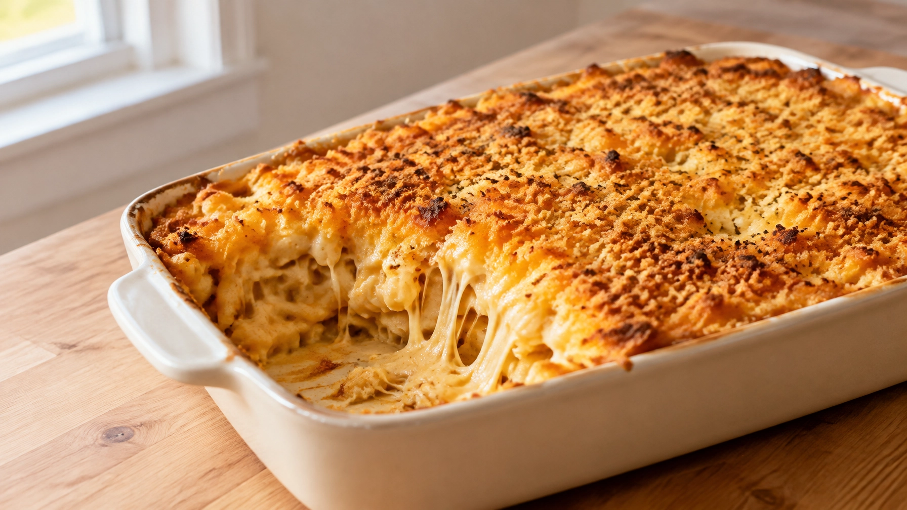 Golden baked macaroni and cheese with a crisp panko topping and creamy pasta