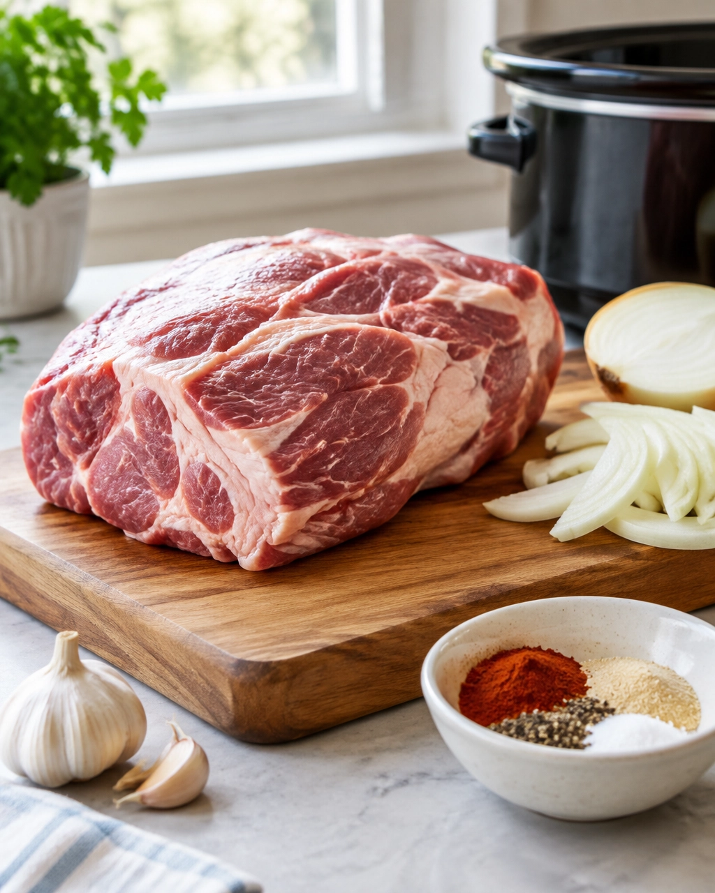 Seasoned pork shoulder, sliced onion and spices prepared for a slow cooker