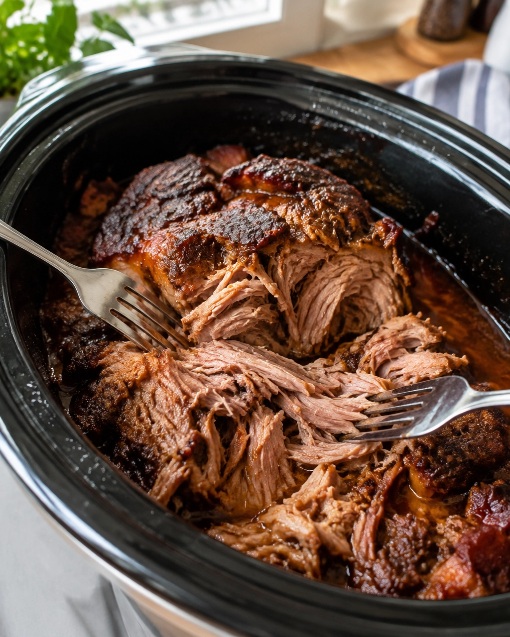 Freshly cooked pulled pork being separated with forks in a slow cooker