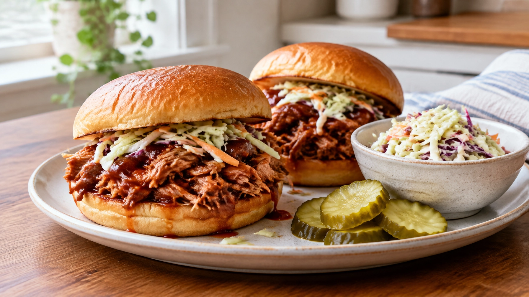 Pulled pork buns served with coleslaw and pickles on a kitchen table